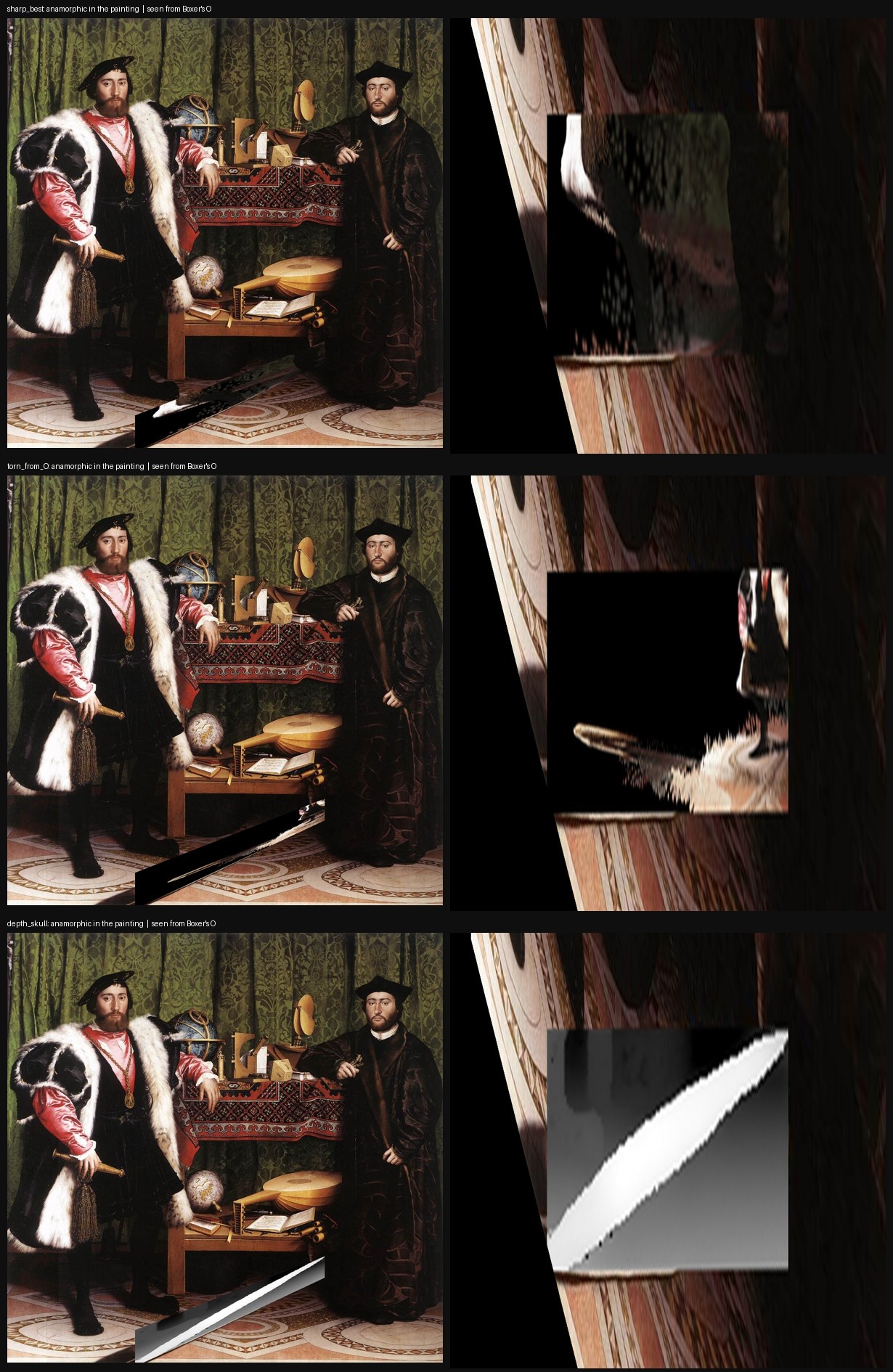 Fig. 9 — Idolmorphosis. Left, the streak composited into the painting; right, the same streak seen from Boxer's O, where it resolves back into its square. Sources top to bottom: best-pose crop, torn render from O, depth map of the skull region.