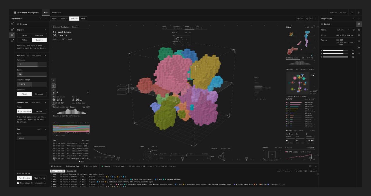 Fig. 12 Evolve in the Lab, on one of the built-in Calabi-Yau shapes, after sixty turns: each nation in its own color, with the turn-by-turn chronicle below.