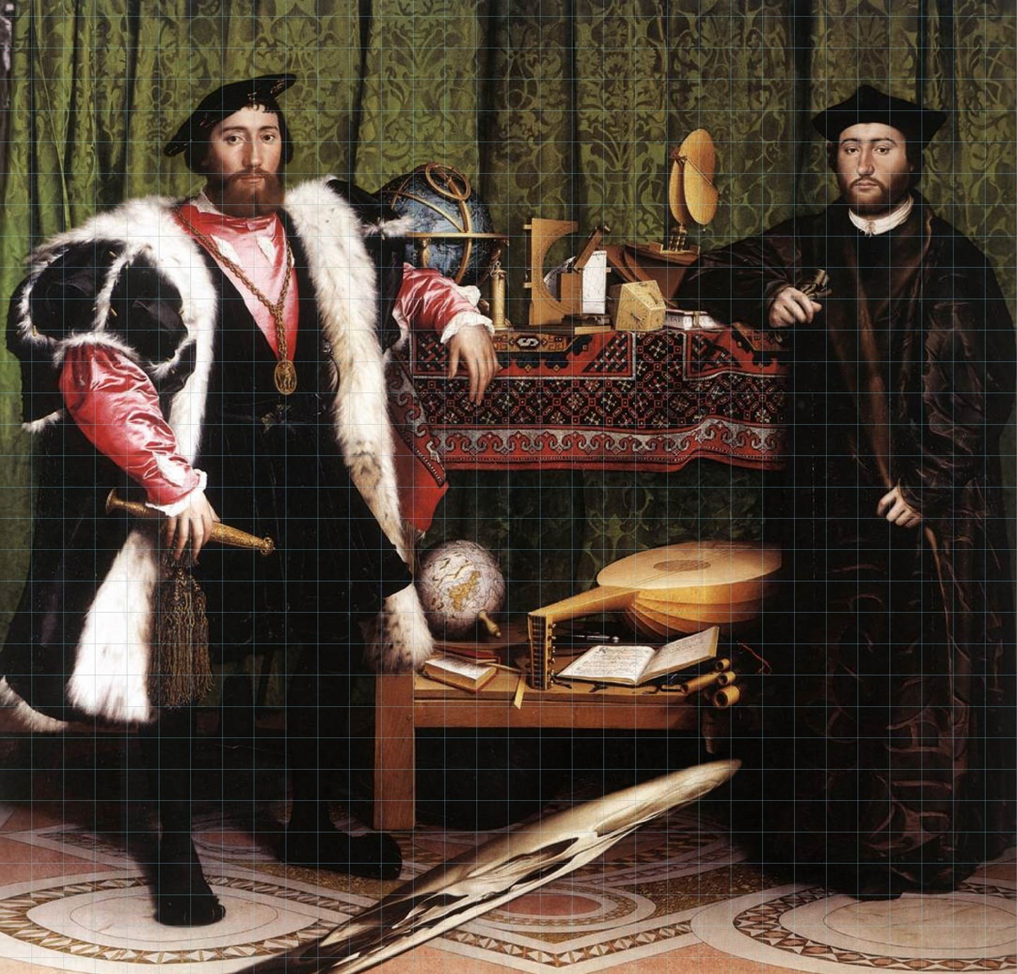 Fig. 5 — The invented room. Depth wireframe over the reconstruction from the photograph's own camera: a flat oak panel returned as a floor, a recess and a hanging curtain.