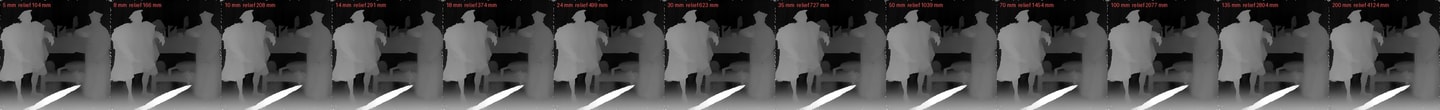 Fig. 8 — The same picture at thirteen assumed lenses, 5 to 200 mm. Bright is near. Nothing in the image changes; only the depth scale does, and with it every millimetre the model reports.
