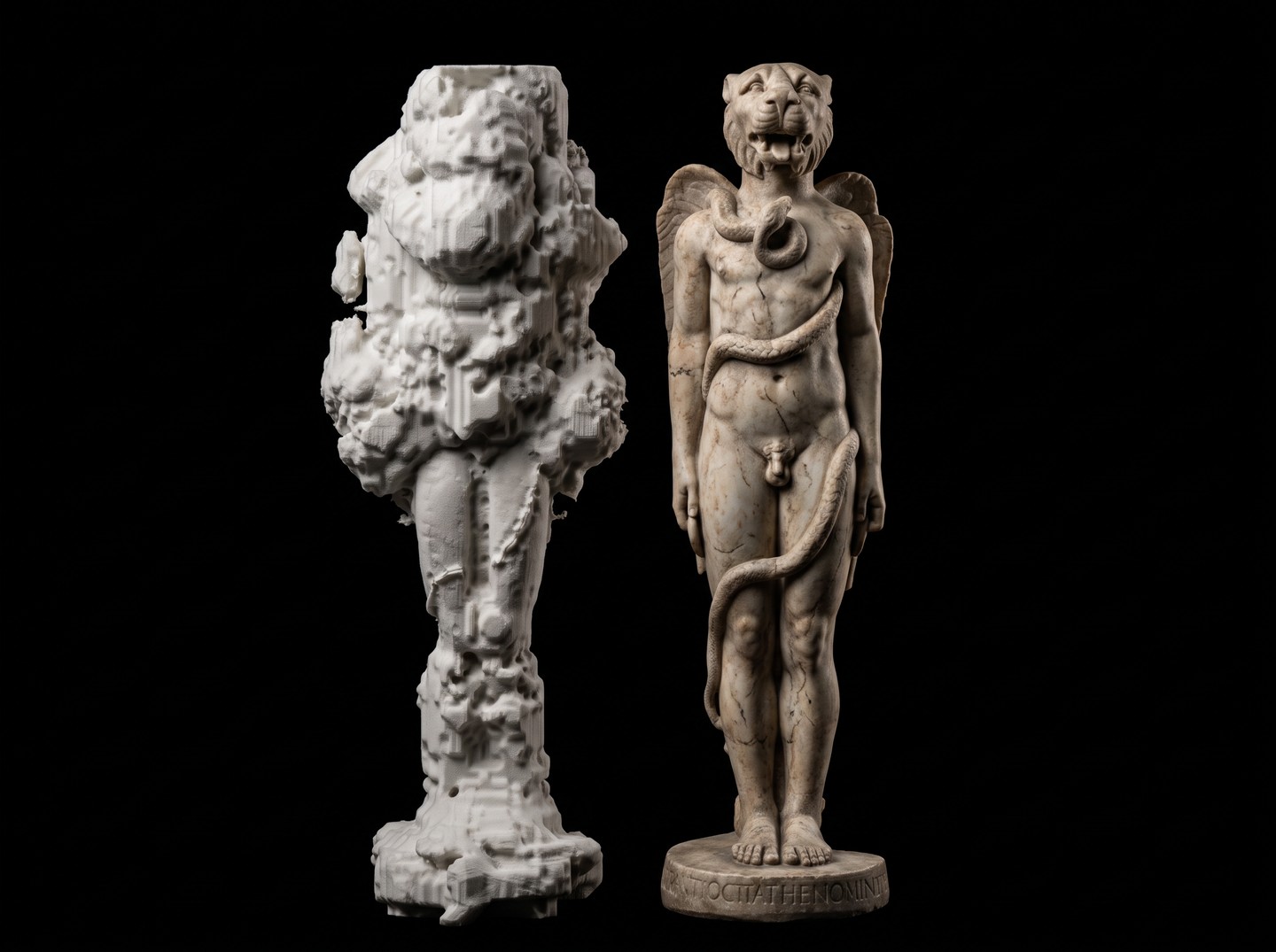 Fig. 6 Aion after sixty turns of Evolve (left), beside the original statue (right).