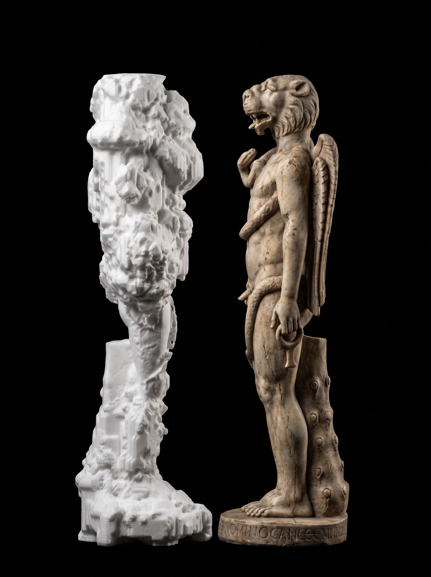 Fig. 7 The same piece from the side (left), beside the original statue (right).