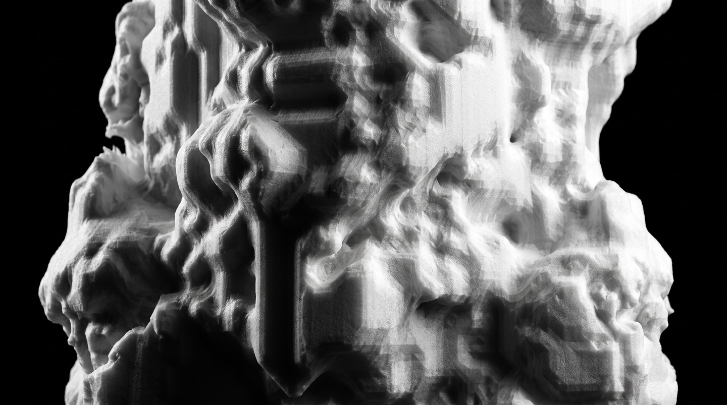 Fig. 8 Detail of the carved surface: walls where nations met, cracks where two attacked each other, and the stepped edges of the voxel grid. Visualization.